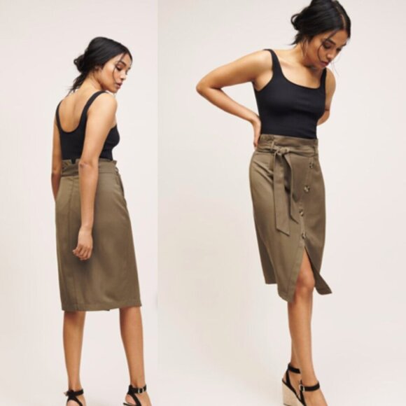 Dynamite Button Front Midi Skirt Asymmetrical Front Tie Olive Medium - Picture 1 of 13